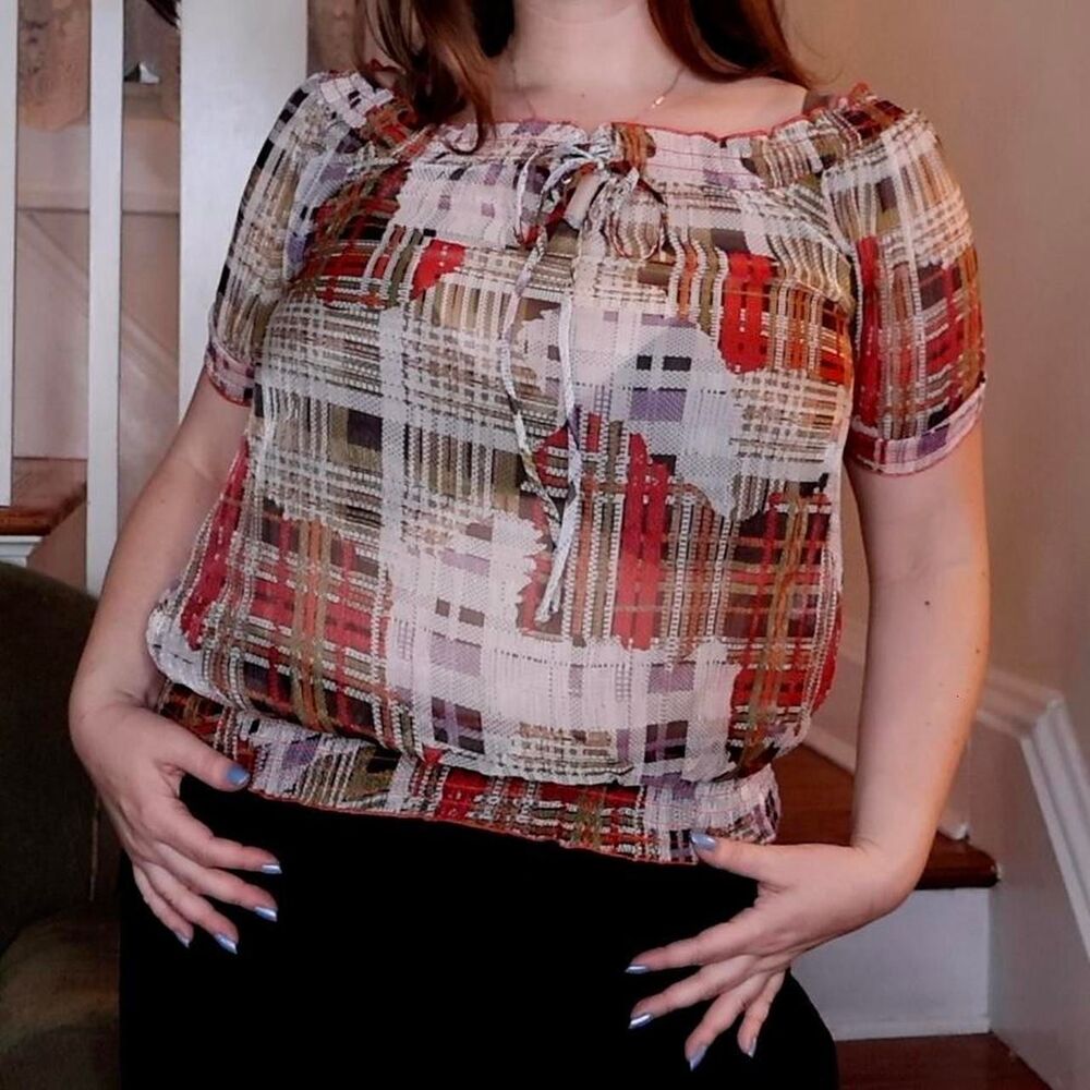 Plaid Sheer Boatneck Off the Shoulder Top Sz Small Whimsigoth Fairy Grunge Indie